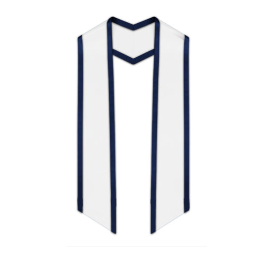 White Slanted Graduation Stole with Navy Blue Trim