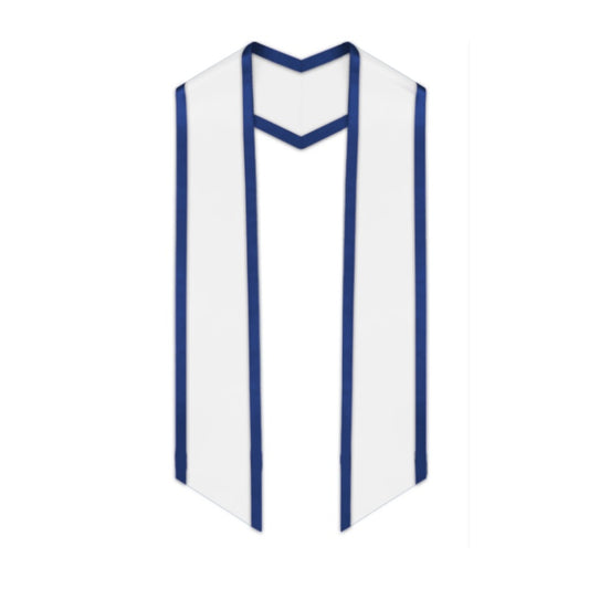 White Slanted Graduation Stole with Royal Blue Trim