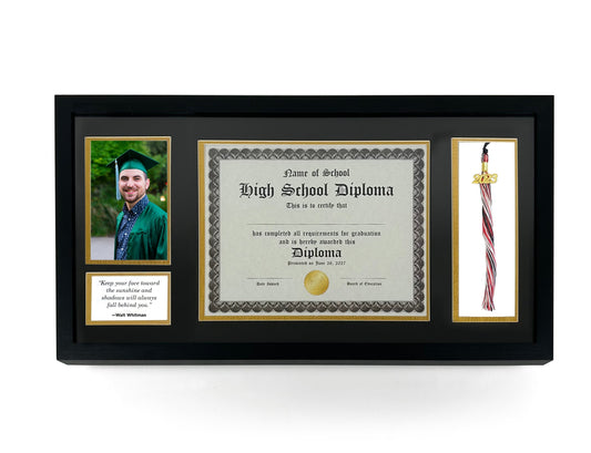 Diploma Frame with Tassel Holder, Double Mat, UV protection, 8.5 x 11 Certificate and 4 x 6 Photo