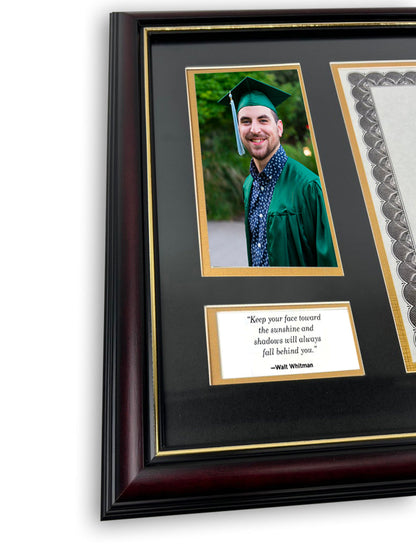 Diploma Frame with Tassel Holder, Double Mat, UV protection, 8.5 x 11 Certificate and 4 x 6 Photo